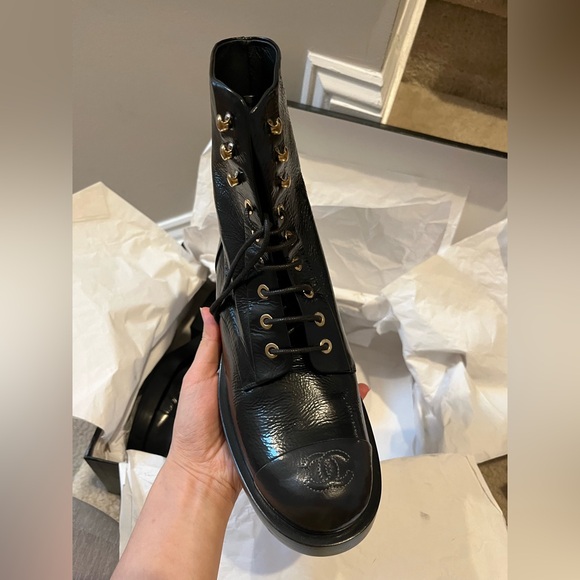 New Chanel Shiny Goatskin Cap Toe Combat Boots 37.5 Black $1850 - Picture 2 of 16